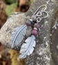 Oxidised silver and ruby fuchsite feather earring