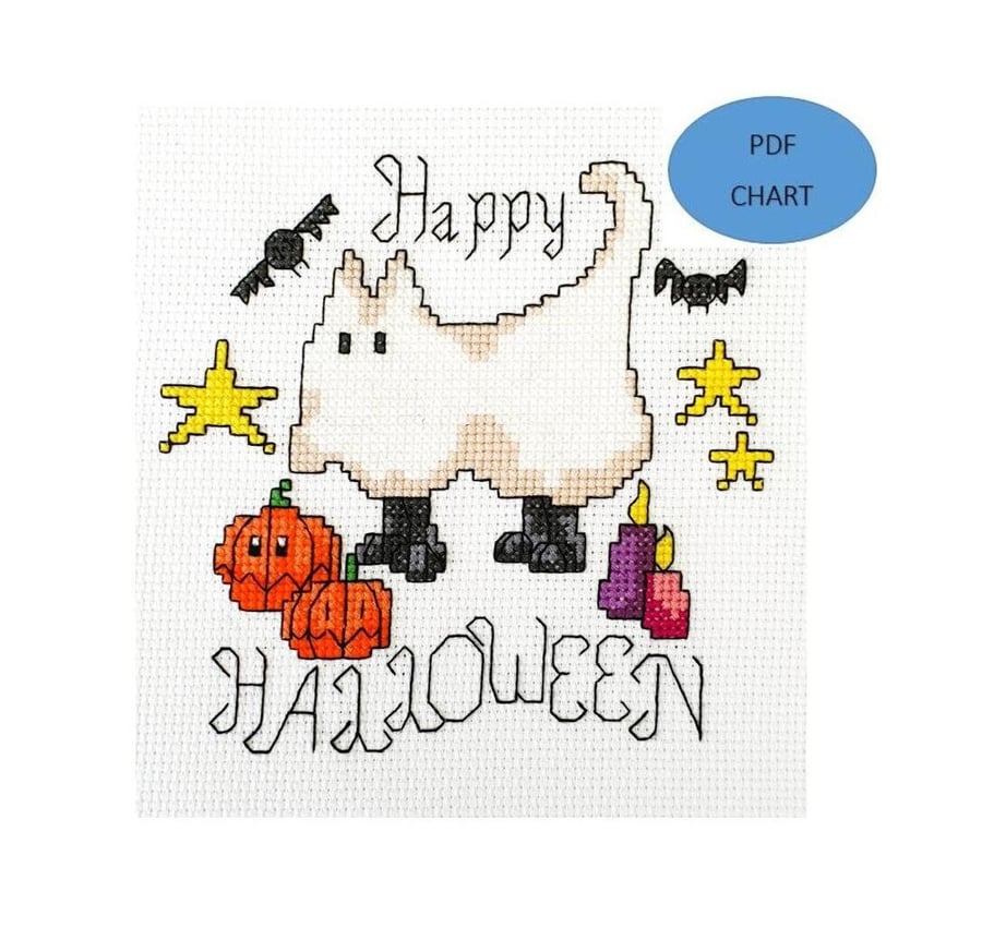 Halloween Ghost Cat cross stitch chart (PDF Digital Download pattern)