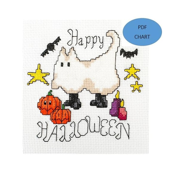 Halloween Ghost Cat cross stitch chart (PDF Digital Download pattern)