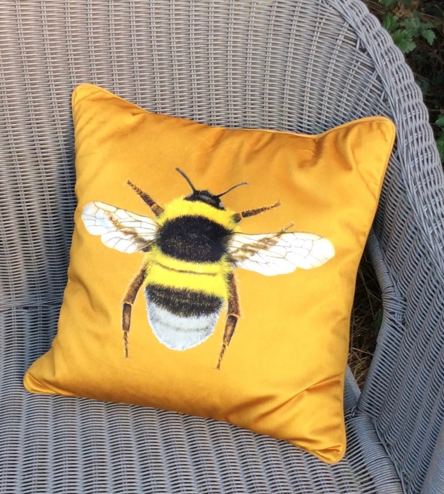 Velvet Bee cushion cover, Mustard yellow chenille velvet bee pillow cover, tweed