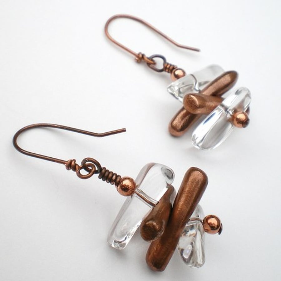 Pine Needles Copper and Quartz Earrings