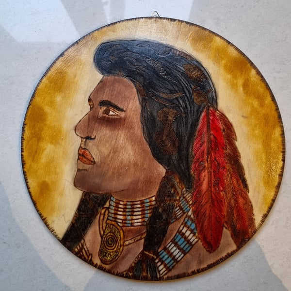 Indian cheif apache head, wood burned original art, spiritual wall art 30cm