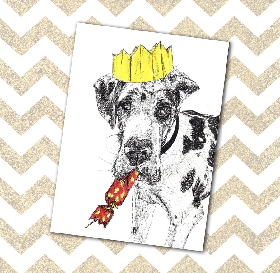 Cute Funny Dog Christmas Card Great Dane Cracker & Hat Illustration on A6 Card 