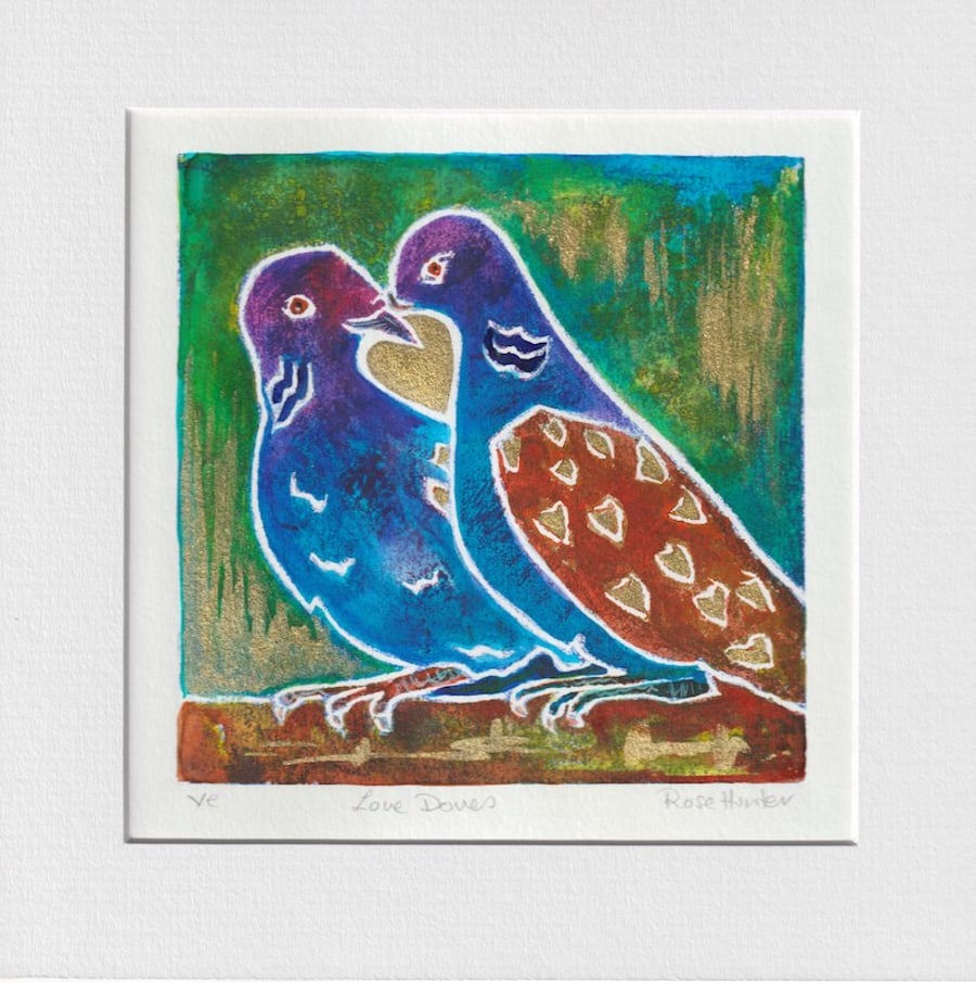 Love Doves - original hand painted lino print 003