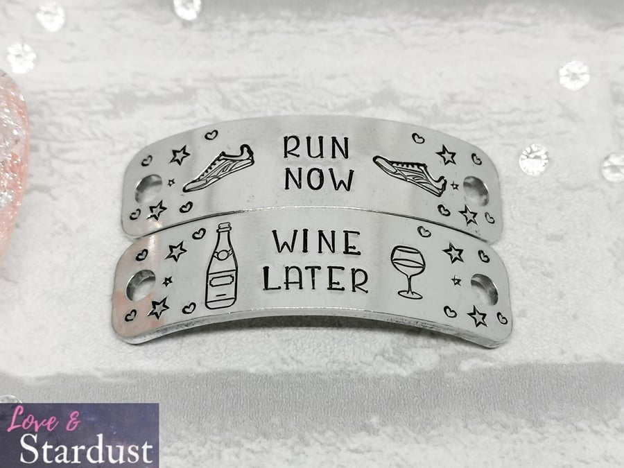 "Run Now Wine Later" Hand Stamped Trainer Tags
