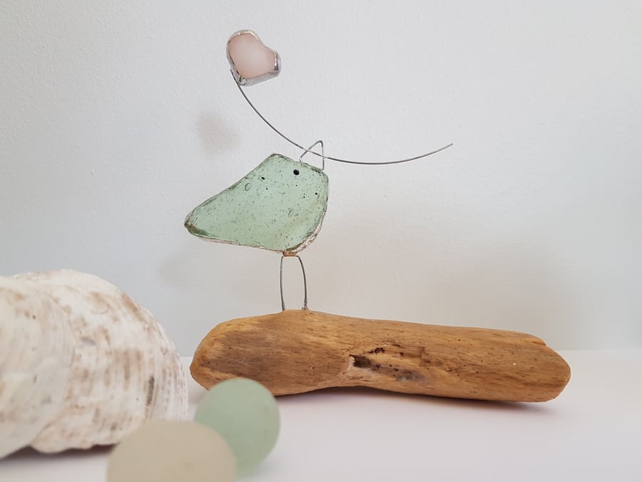Cute Sea Glass Bird With A Heart Balloon On Driftwood - Gift For The Home