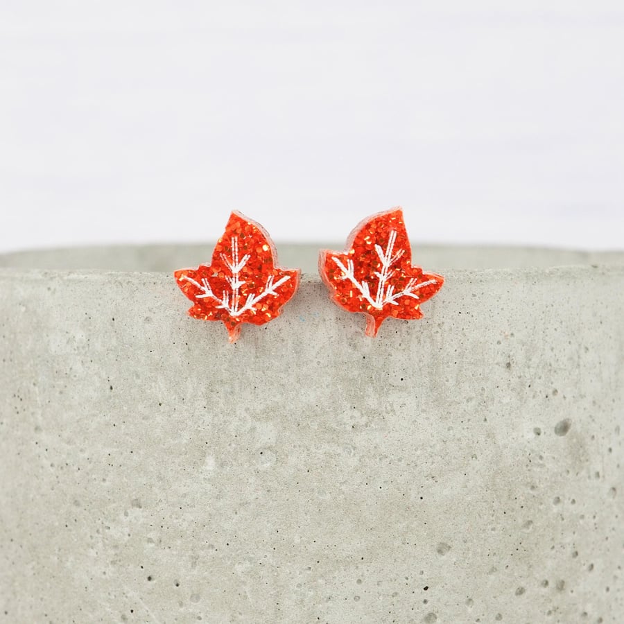 Titanium posts - Orange glitter autumn leaf acrylic stud earrings
