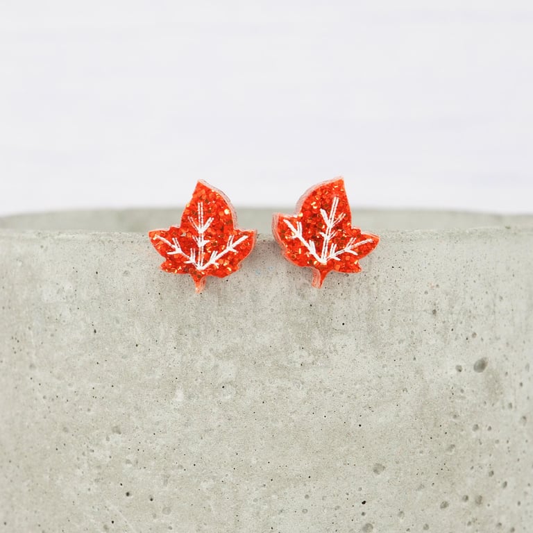 Titanium posts - Orange glitter autumn leaf acrylic stud earrings