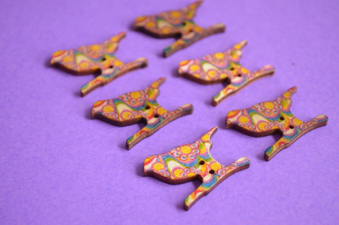 Wooden Bird Buttons Retro Pink Yellow Purple Blue 6pk 30x20mm (BD7)