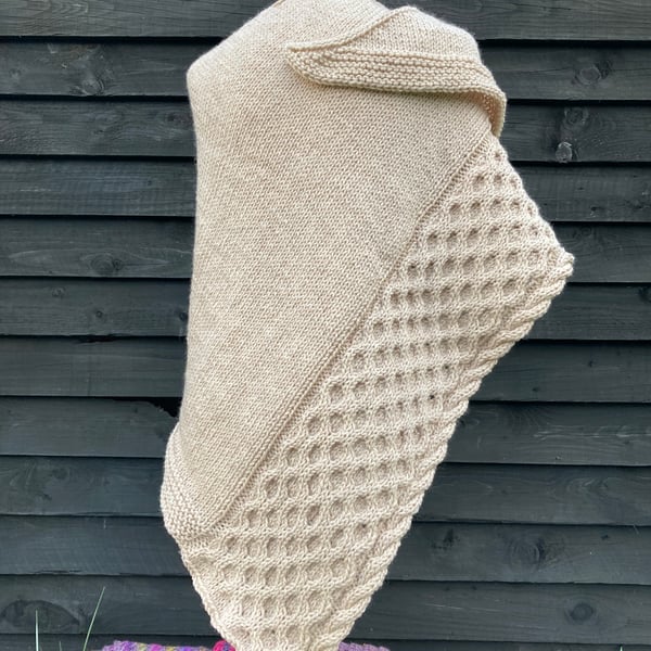 One of a kind Handknitted Triangle Honeycomb Textured Wrap Shawl Scarf