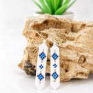 Hand-stitched White & Blue Beaded Earrings – Sterling Silver Ear Wires
