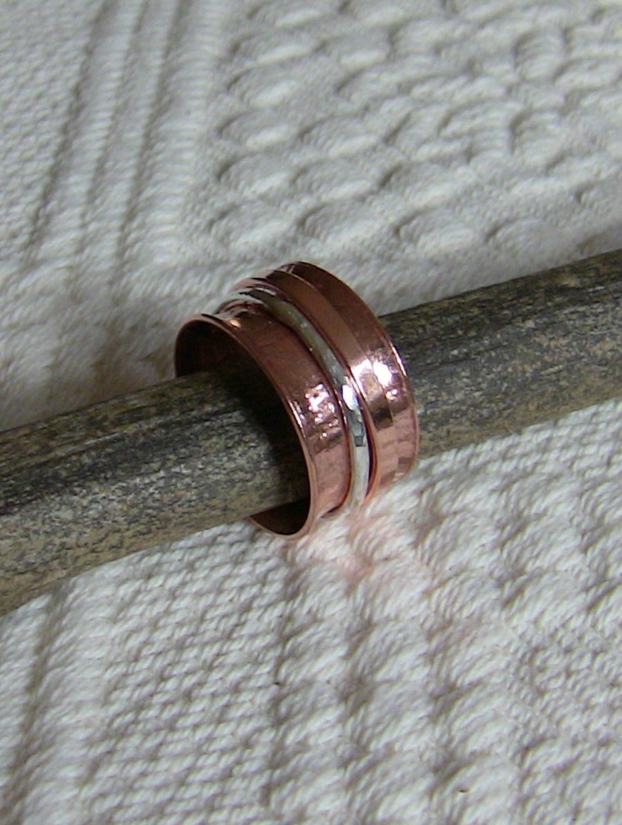 Copper and Sterling Silver Anticlastic Spinning Ring with Double Spinners, R71D
