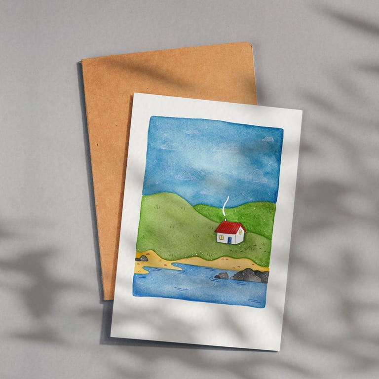 Coastal Cabin, A6 giclée greetings card with recycled brown envelope
