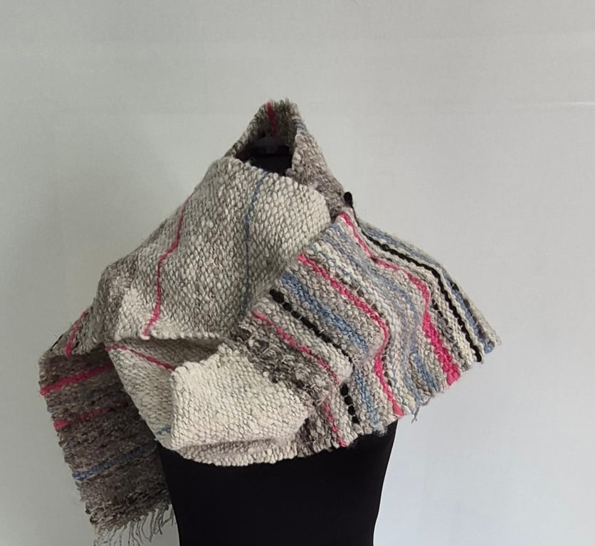 52.Hand Woven Long Scarf From Hand Spun Shetland Fleece In White and Grey.