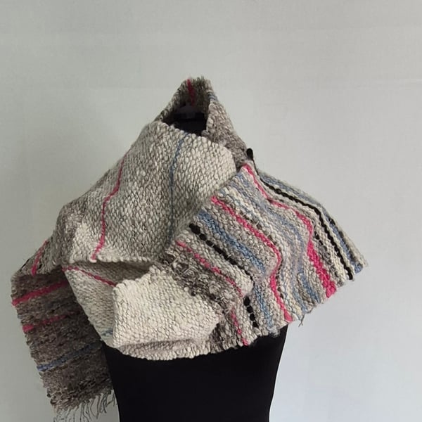 52.Hand Woven Long Scarf From Hand Spun Shetland Fleece In White and Grey.