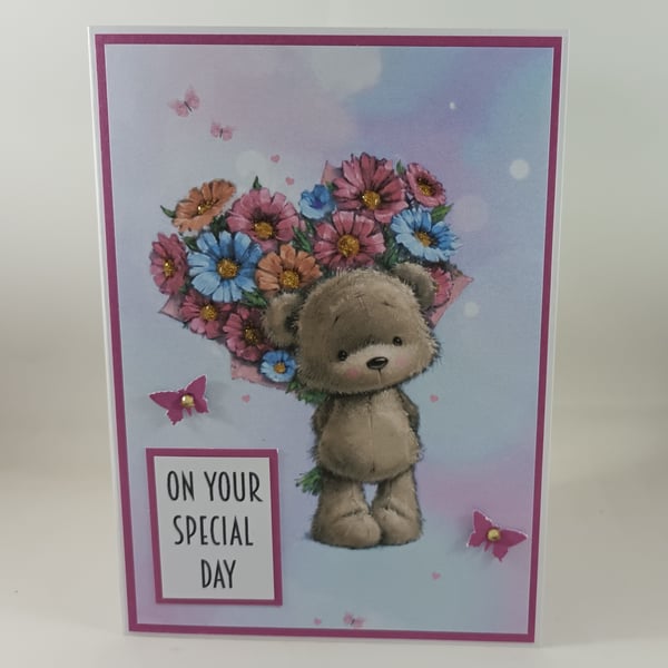 Birthday card - cute bear with heart shaped flower bouquet