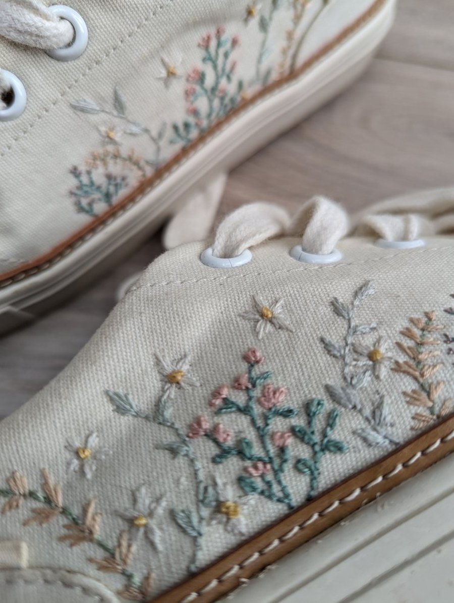 Wildflower and daisy embroidered shoes - hand embroidered bridal trainers -