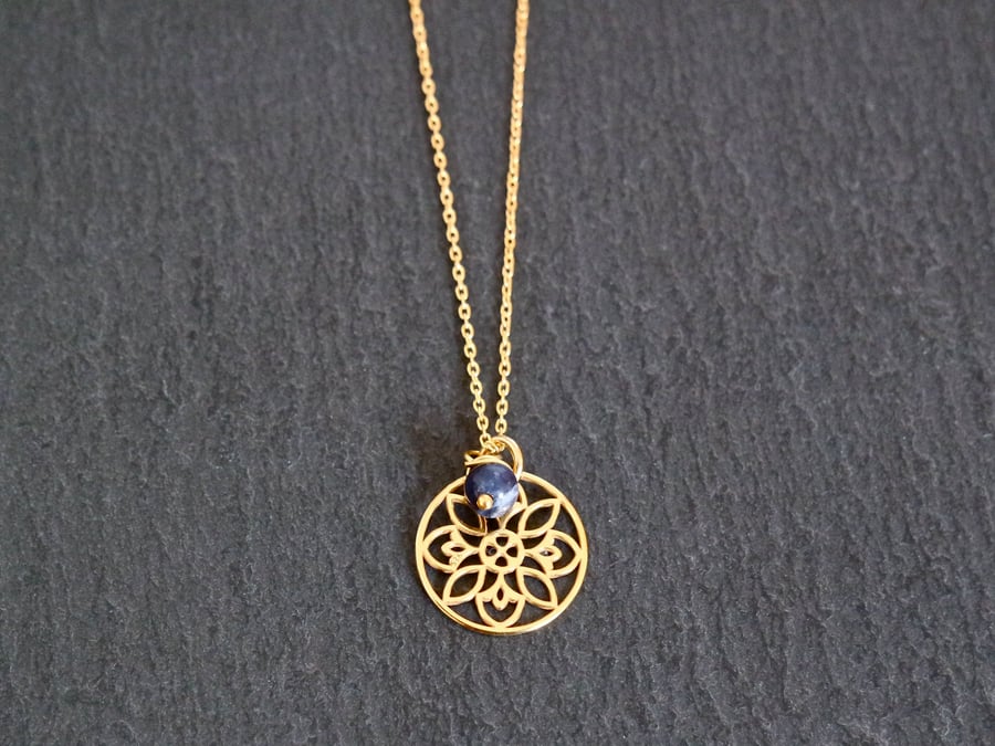 Vermeil 925 Sterling Silver Flower Mandala Necklace - Sodalite gold-plated