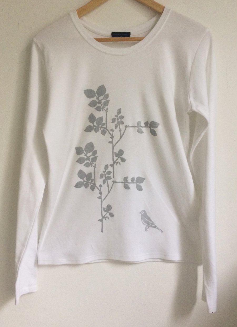  SALE Plants and bird  Womens white cotton long sleeve T shirt  silver print