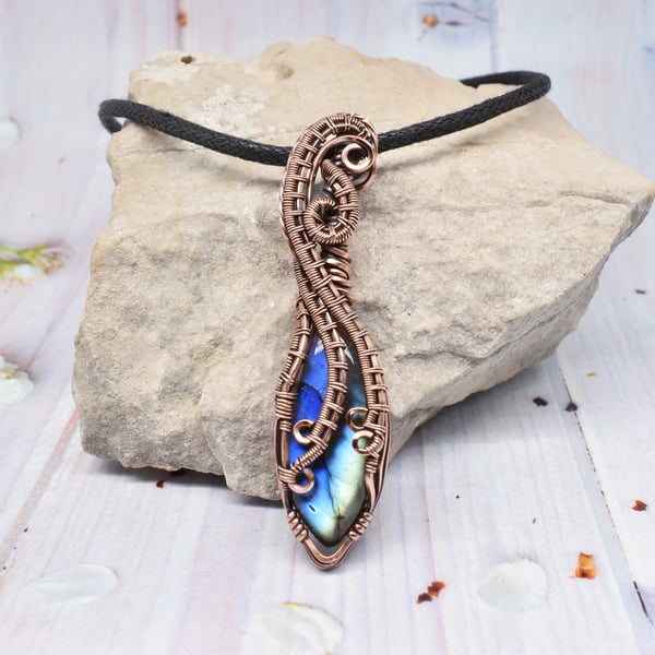 Copper Wire Wrapped Blue Labradorite One of a Kind Pendant