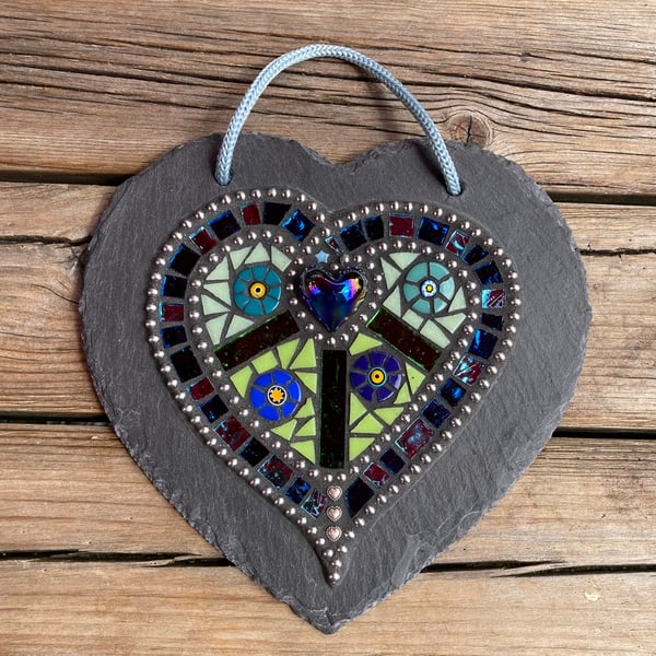 Mosaic on Slate Heart Hanging decoration. Abstract wall art.