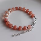 Sunstone gemstone and glass crystal beaded bracelet with adjustable chain