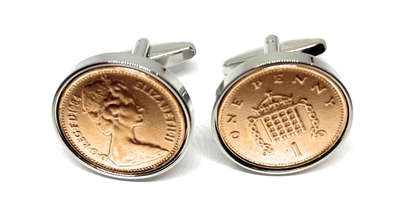 1984 42nd Birthday Anniversary 1 pence coin cufflinks - One pence cufflinks from
