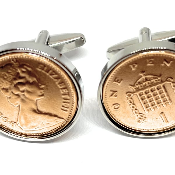 1984 42nd Birthday Anniversary 1 pence coin cufflinks - One pence cufflinks from