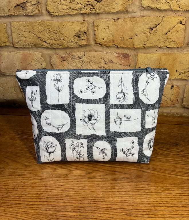 Black White and Grey Flower Print Quilted Fabric Makeup Bag 