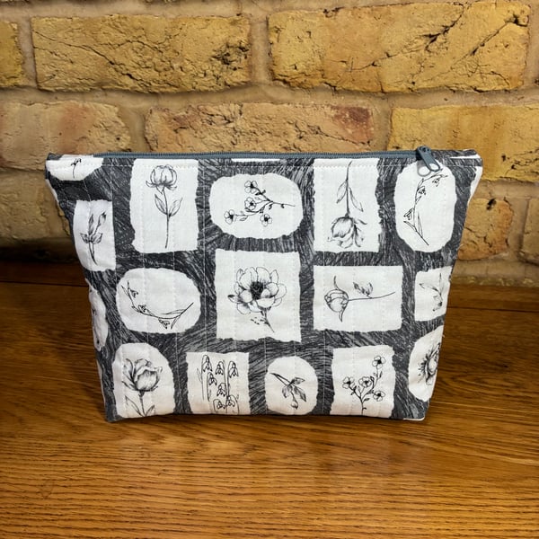 Black White and Grey Flower Print Quilted Fabric Makeup Bag 