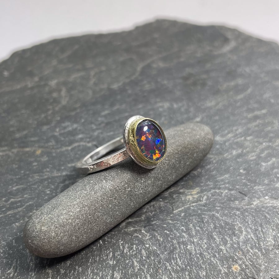 silver 18ct gold and natural black opal triplet ring UK size L and a half
