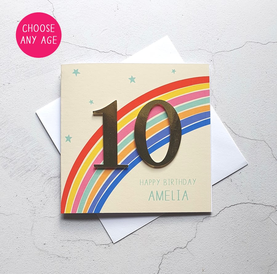 Personalised Age Card, Rainbow Birthday Card, Rainbow Gifts, 10th Birthday Card