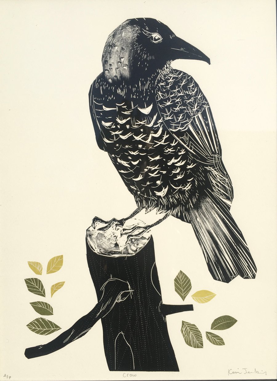 Crow on Leafy Stump - Lino Cut
