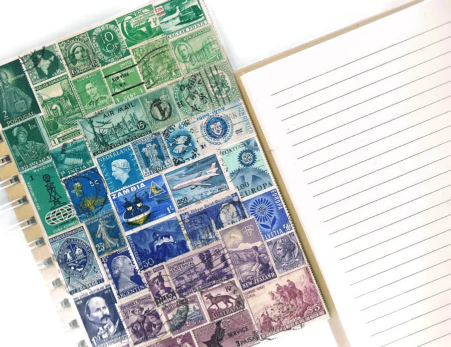 OOAK Hardcover Travel Journal, A5 Notebook - upcycled vintage postage stamps