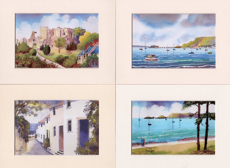 Set of 4 Watercolour Prints in 8 x 6 '' Mounts, Scenes of Mumbles