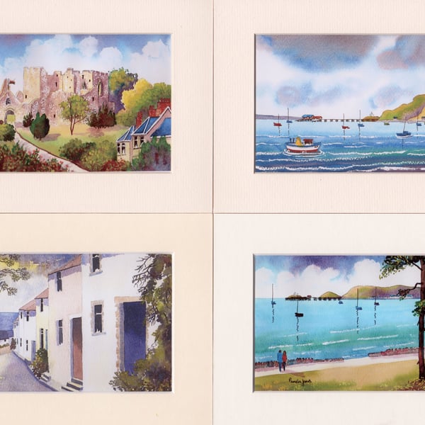 Set of 4 Watercolour Prints in 8 x 6 '' Mounts, Scenes of Mumbles
