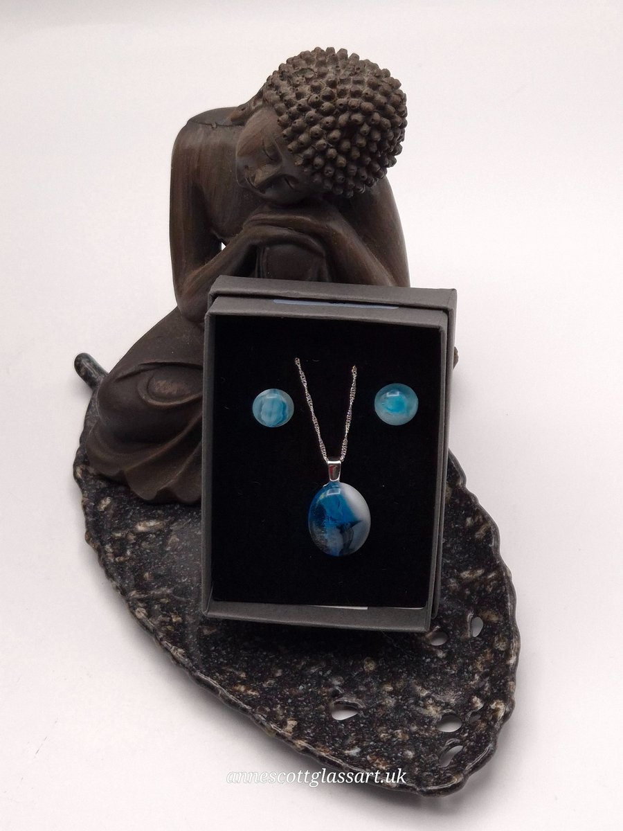 Image of Blue and White Fused Glass Stud Earrings and Pendant Set
