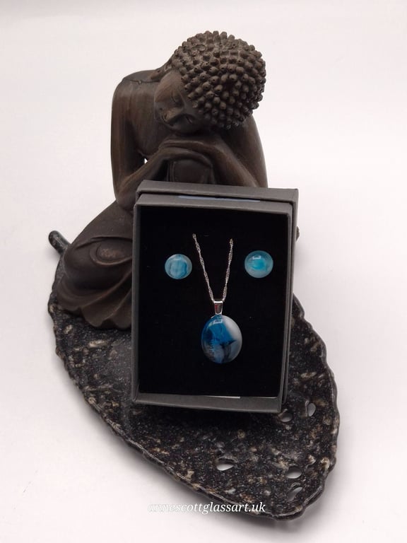 Blue and White Fused Glass Stud Earrings and Pendant Set