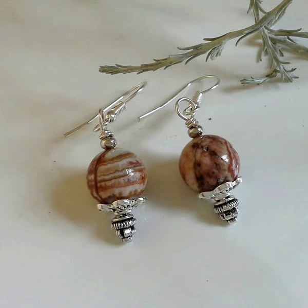 Large African Jasper & Tibetan Silver & Plated Earrings