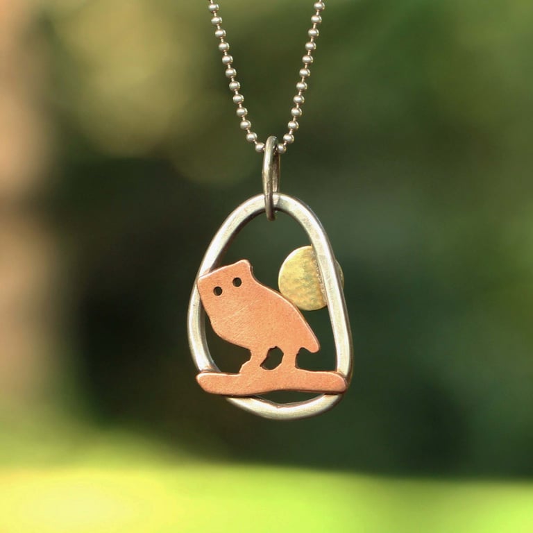 Recycled Silver Copper Brass Owl and Moon Pendant Necklace
