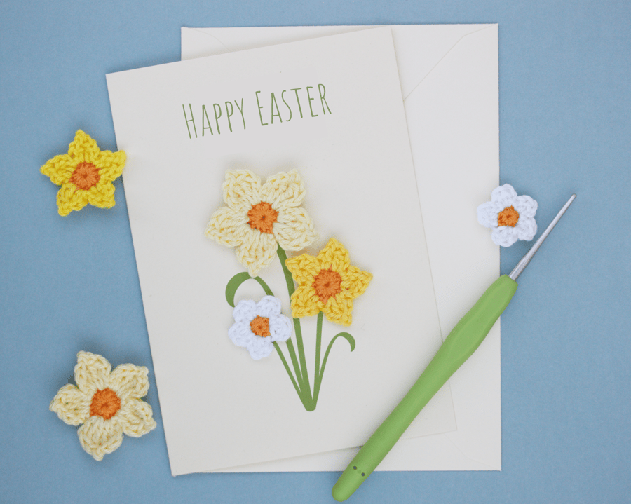 Easter Card Handmade Happy Easter Greetings Cards with Crochet Daffodils A6 Size