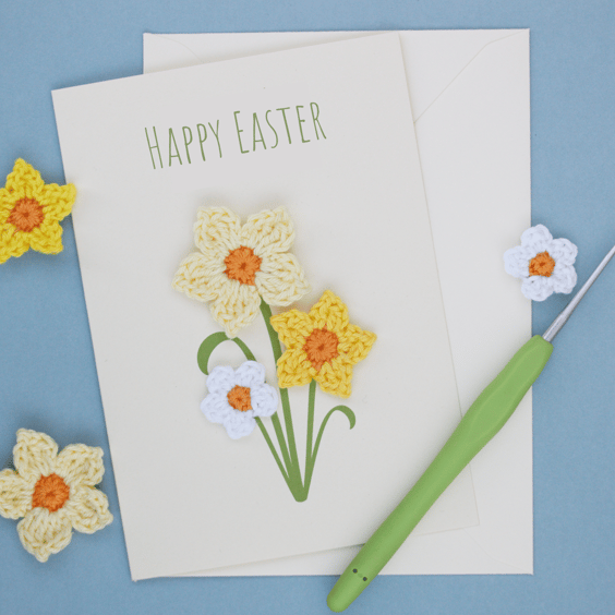 Easter Card Handmade Happy Easter Greetings Cards with Crochet Daffodils A6 Size