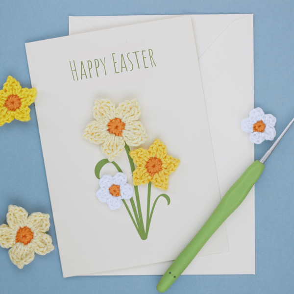 Easter Card Handmade Happy Easter Greetings Cards with Crochet Daffodils A6 Size