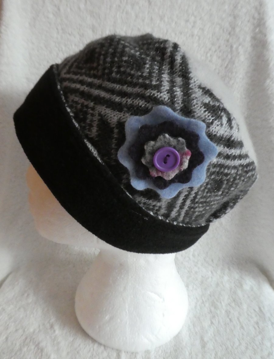 Wool Hat Created from Up-cycled Sweaters. Grey Fair Isle