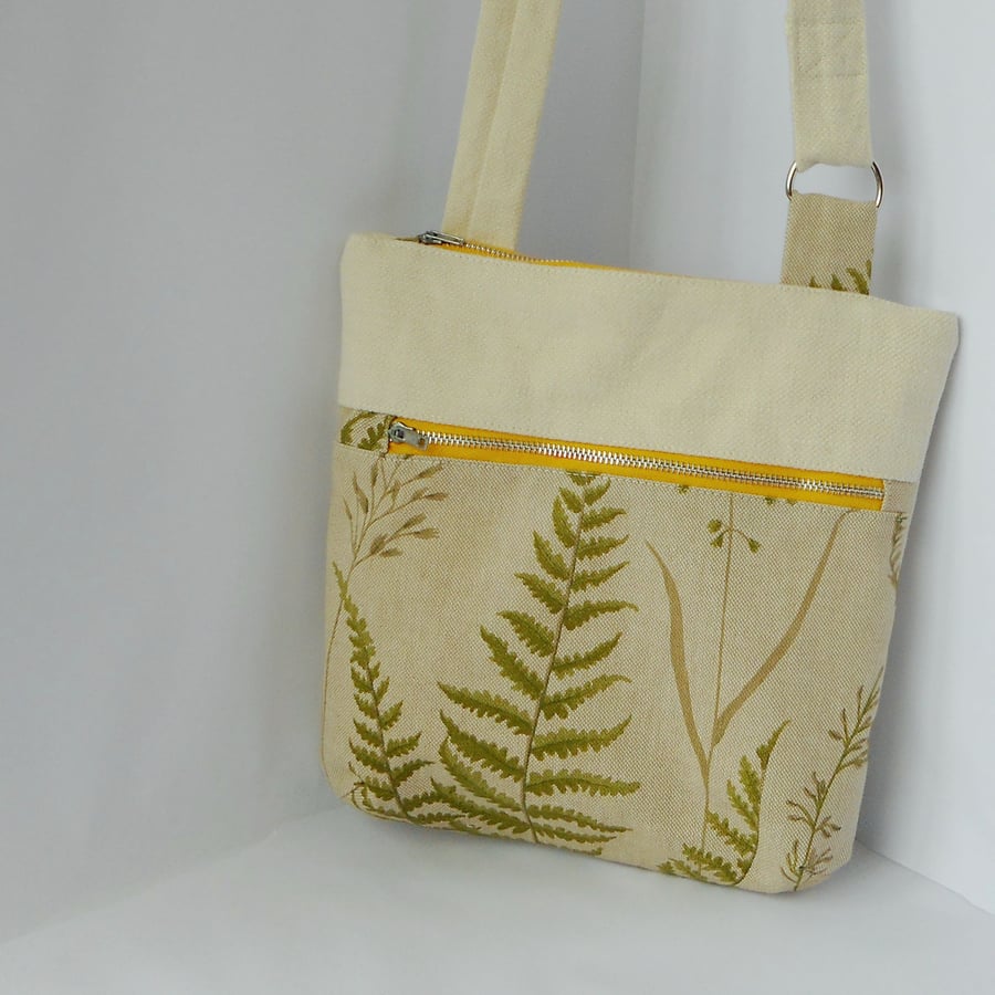 SOLD Crossbody fabric bag in fern print linen with yellow zip  - Grove