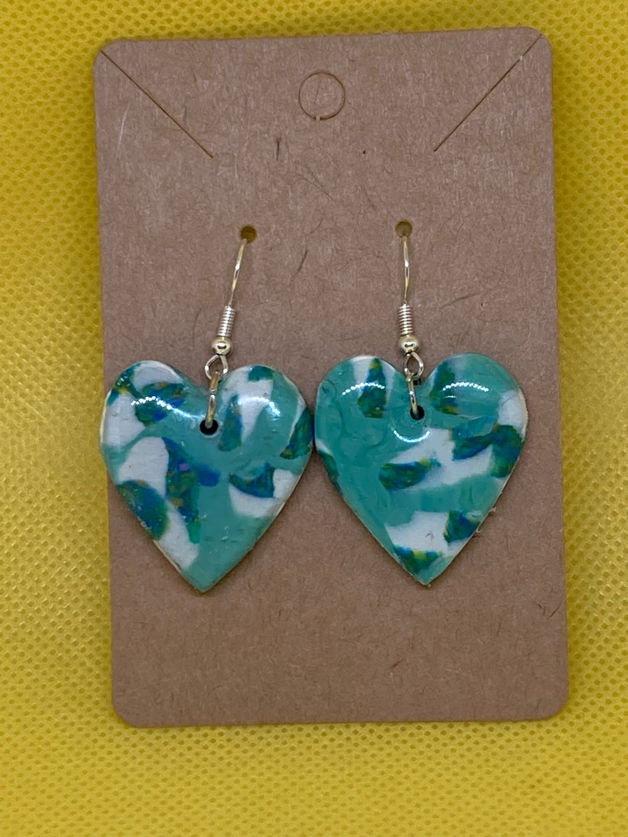 Green Marble Polymer Clay Heart Earrings 