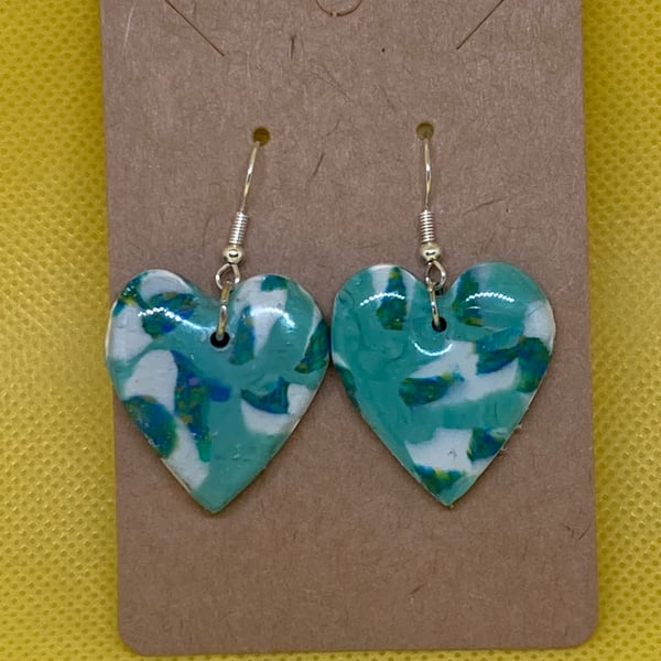 Green Marble Polymer Clay Heart Earrings 
