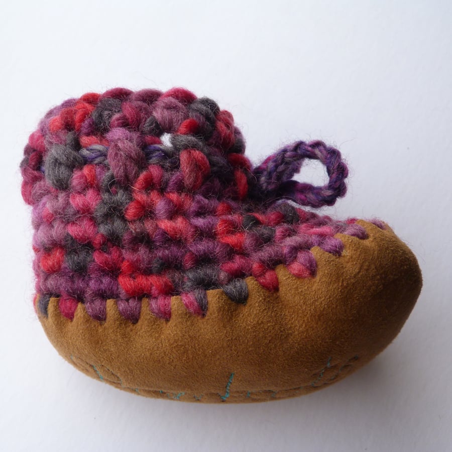 Wool & leather baby boots - purple pink camo - 3-6 months