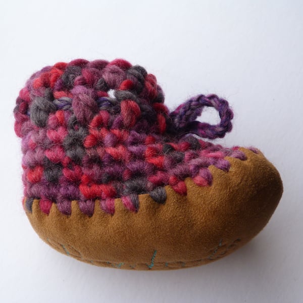 Wool & leather baby boots - purple pink camo - 3-6 months