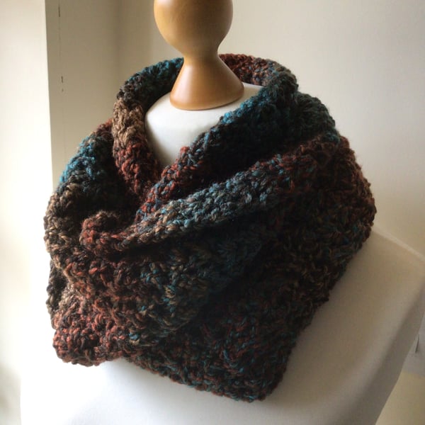 Chunky acrylic infinity scarf in chocolate and teal